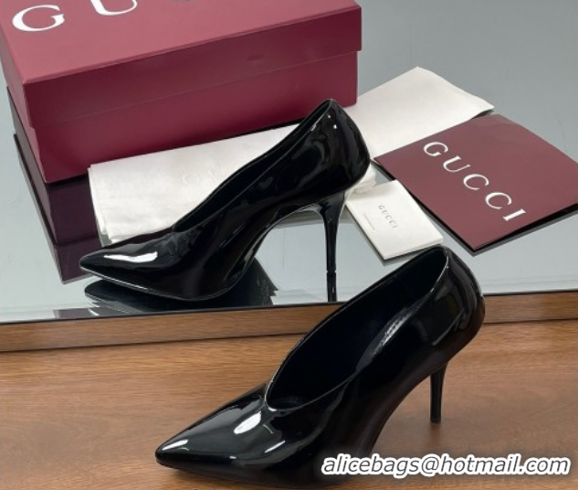 Top Design Gucci V Pumps 10.5cm in Patent Leather Black 2025 GG082801