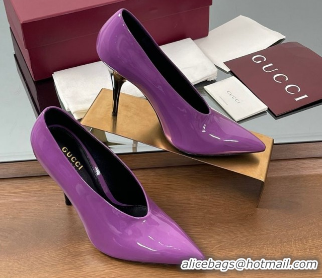 Shop Duplicate Gucci V Pumps 10.5cm in Patent Leather Purple 2025 GG082801