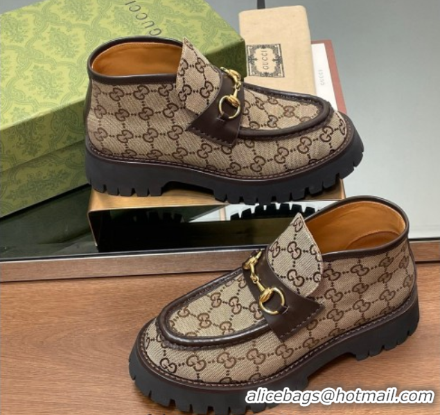 Good Product Gucci Horsebit Ankle Boots 4.5cm in GG Canvas Beige 2025 764206