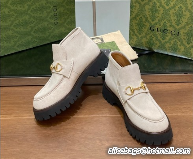 Most Popular Gucci Horsebit Ankle Boots 4.5cm in Suede Light Grey 2025 764206