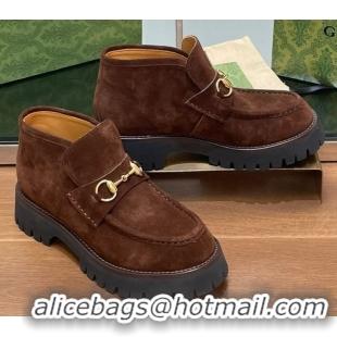 Classic Hot Gucci Horsebit Ankle Boots 4.5cm in Suede Dark Brown 2025 764206