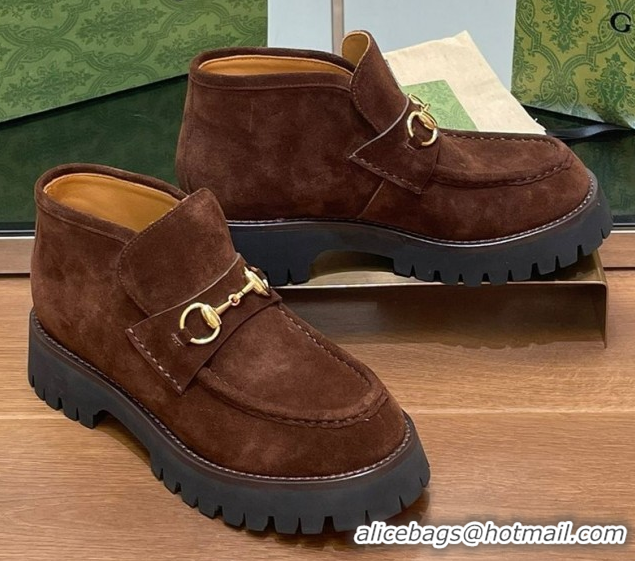 Classic Hot Gucci Horsebit Ankle Boots 4.5cm in Suede Dark Brown 2025 764206