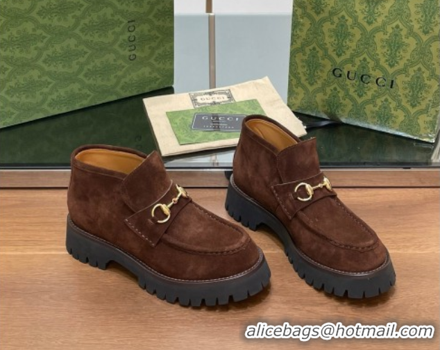 Classic Hot Gucci Horsebit Ankle Boots 4.5cm in Suede Dark Brown 2025 764206