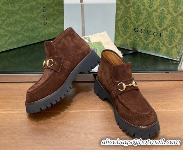 Classic Hot Gucci Horsebit Ankle Boots 4.5cm in Suede Dark Brown 2025 764206