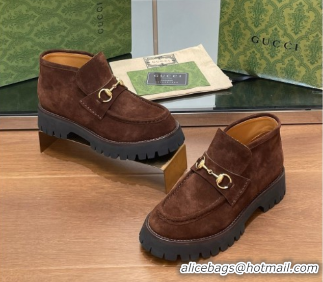 Classic Hot Gucci Horsebit Ankle Boots 4.5cm in Suede Dark Brown 2025 764206