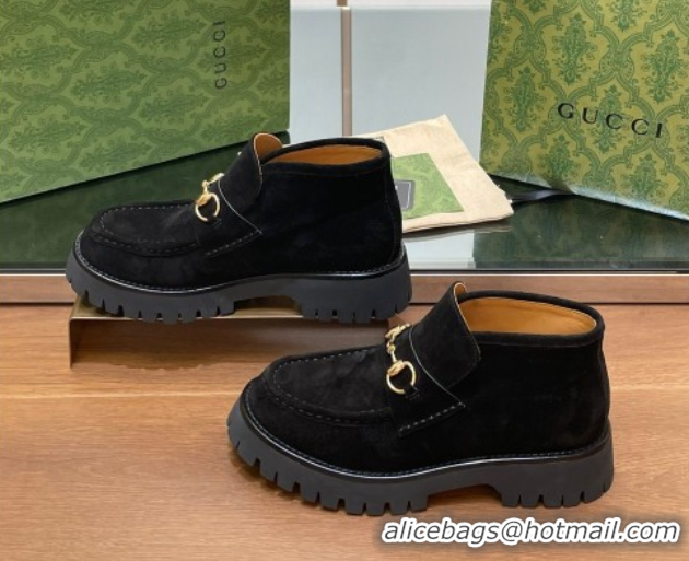 Feminine Gucci Horsebit Ankle Boots 4.5cm in Suede Black 2025 764206