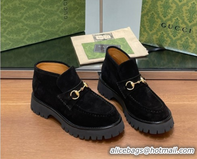 Feminine Gucci Horsebit Ankle Boots 4.5cm in Suede Black 2025 764206