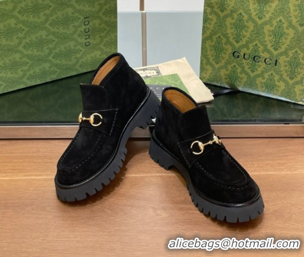 Feminine Gucci Horsebit Ankle Boots 4.5cm in Suede Black 2025 764206