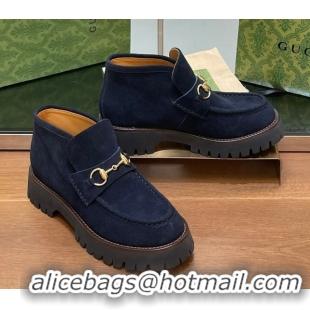 Top Grade Gucci Horsebit Ankle Boots 4.5cm in Suede Dark Blue 2025 764206