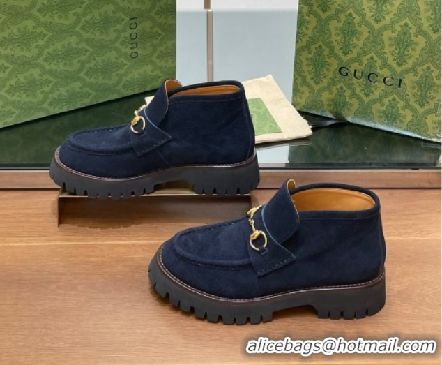 Top Grade Gucci Horsebit Ankle Boots 4.5cm in Suede Dark Blue 2025 764206