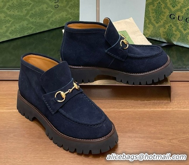 Top Grade Gucci Horsebit Ankle Boots 4.5cm in Suede Dark Blue 2025 764206