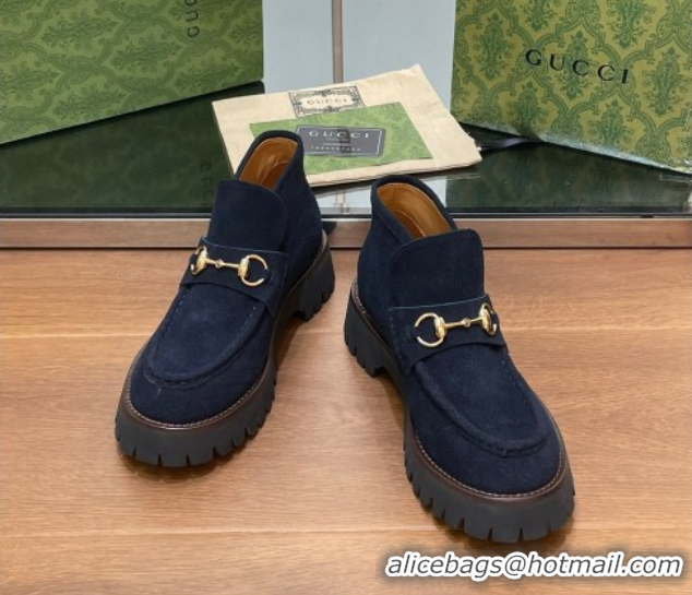 Top Grade Gucci Horsebit Ankle Boots 4.5cm in Suede Dark Blue 2025 764206