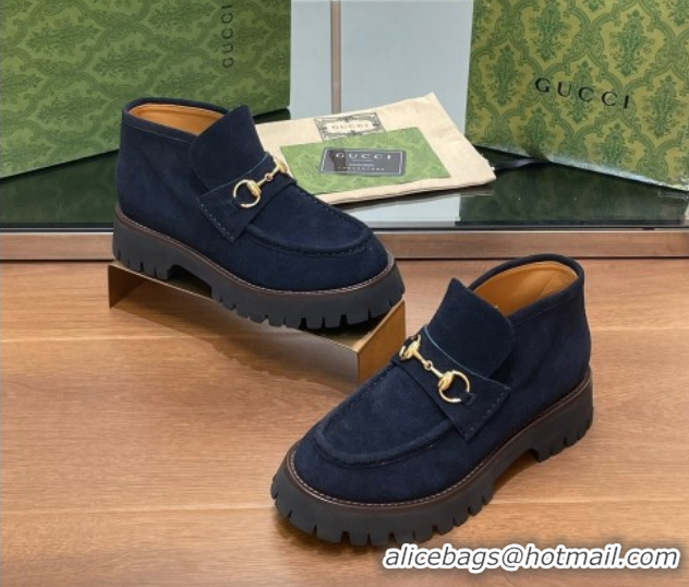 Top Grade Gucci Horsebit Ankle Boots 4.5cm in Suede Dark Blue 2025 764206