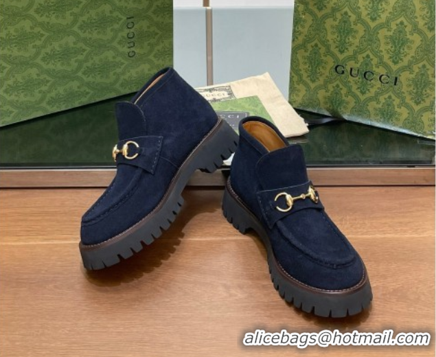Top Grade Gucci Horsebit Ankle Boots 4.5cm in Suede Dark Blue 2025 764206