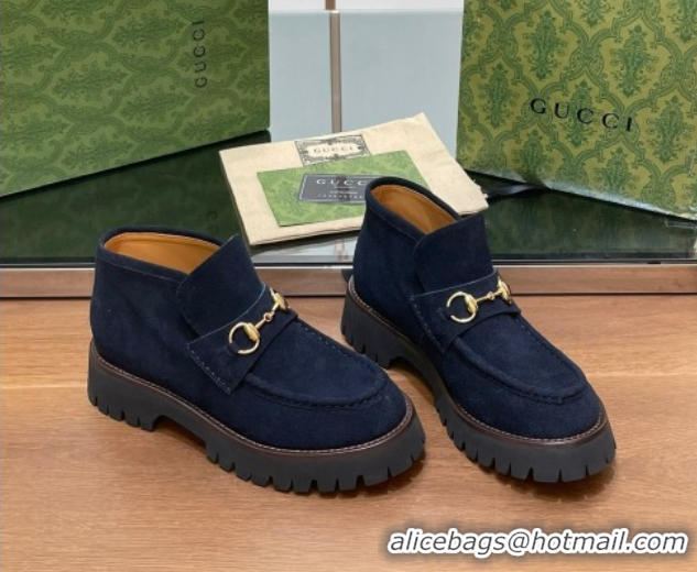 Top Grade Gucci Horsebit Ankle Boots 4.5cm in Suede Dark Blue 2025 764206