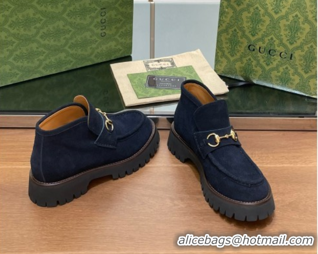 Top Grade Gucci Horsebit Ankle Boots 4.5cm in Suede Dark Blue 2025 764206
