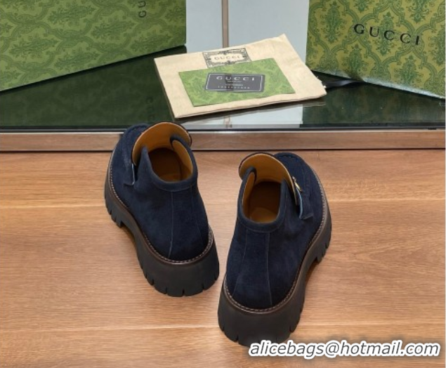 Top Grade Gucci Horsebit Ankle Boots 4.5cm in Suede Dark Blue 2025 764206