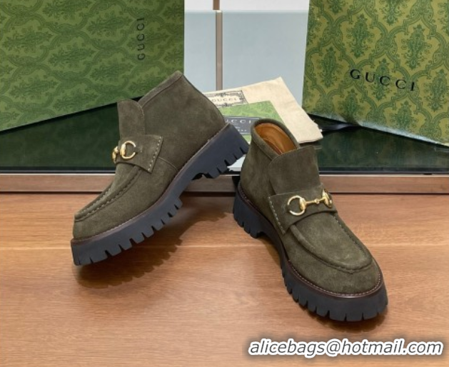 Discount Gucci Horsebit Ankle Boots 4.5cm in Suede Green 2025 764206