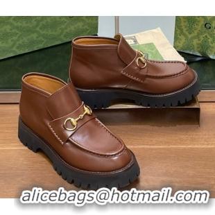 Luxury Gucci Horsebit Ankle Boots 4.5cm in Shiny Leather Brown 2025 764206