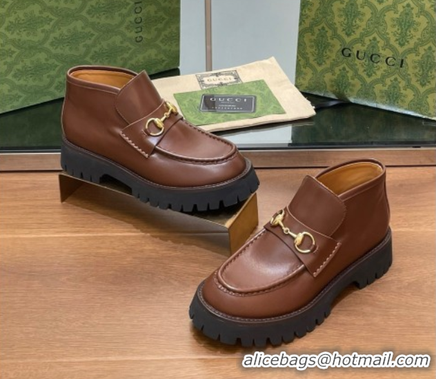 Luxury Gucci Horsebit Ankle Boots 4.5cm in Shiny Leather Brown 2025 764206