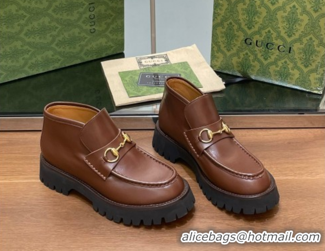 Luxury Gucci Horsebit Ankle Boots 4.5cm in Shiny Leather Brown 2025 764206