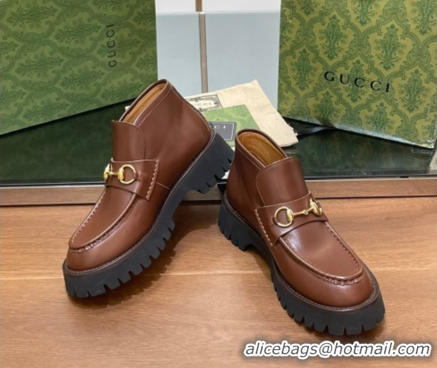 Luxury Gucci Horsebit Ankle Boots 4.5cm in Shiny Leather Brown 2025 764206