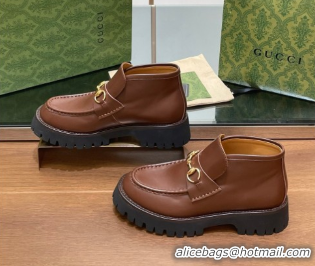 Luxury Gucci Horsebit Ankle Boots 4.5cm in Shiny Leather Brown 2025 764206
