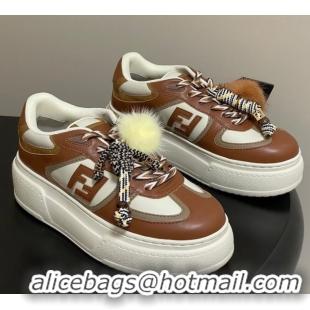 Luxury Fendi Match Platform Sneakers 5cm in Leather and Charm Brown 0822112