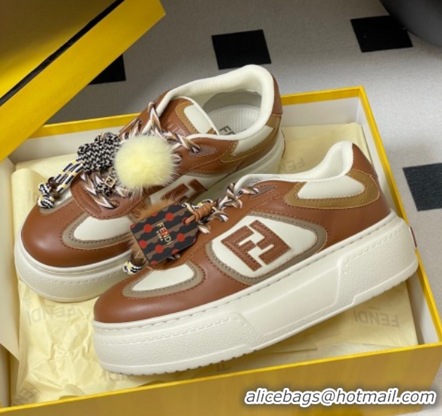 Luxury Fendi Match Platform Sneakers 5cm in Leather and Charm Brown 0822112