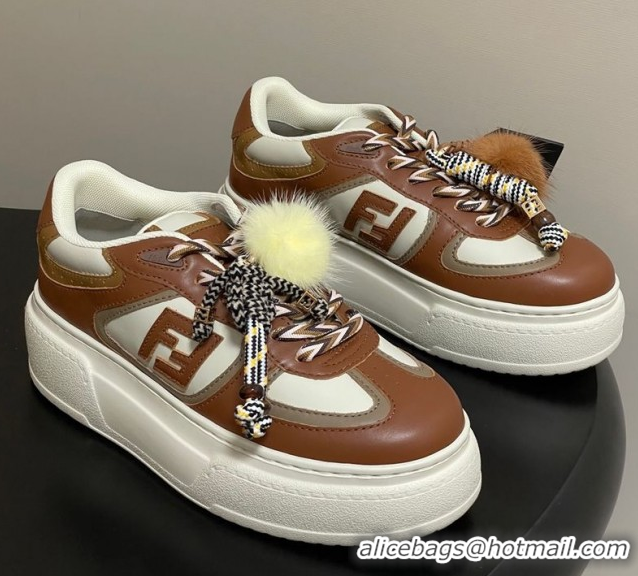 Luxury Fendi Match Platform Sneakers 5cm in Leather and Charm Brown 0822112