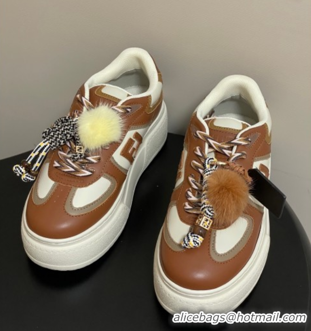 Luxury Fendi Match Platform Sneakers 5cm in Leather and Charm Brown 0822112