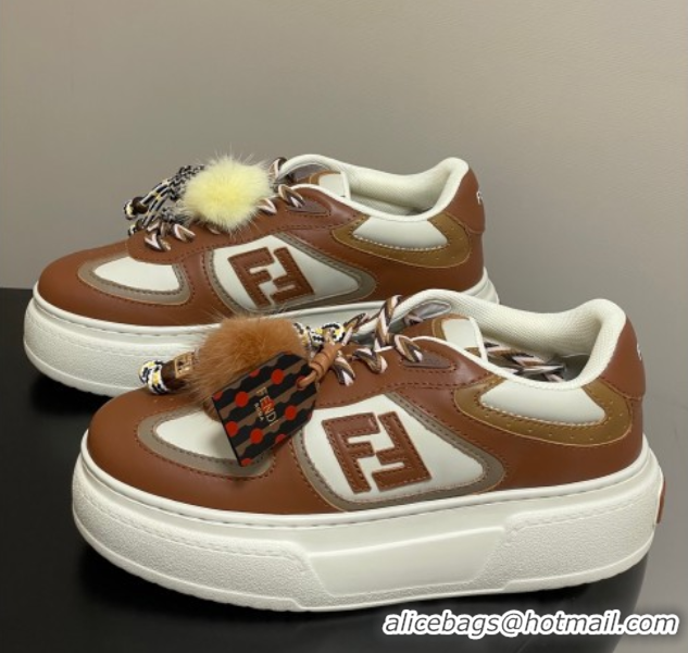 Luxury Fendi Match Platform Sneakers 5cm in Leather and Charm Brown 0822112