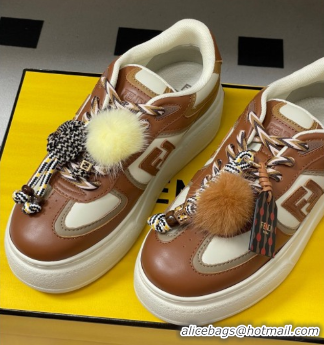 Luxury Fendi Match Platform Sneakers 5cm in Leather and Charm Brown 0822112
