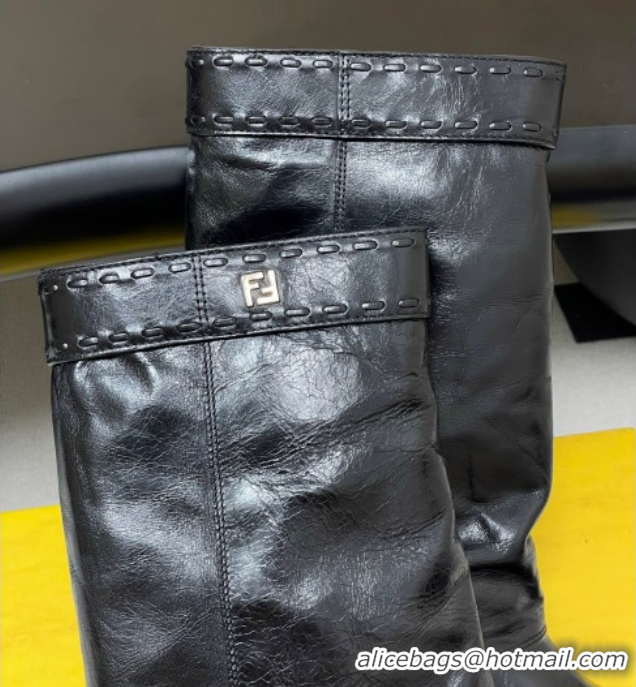 Good Quality Fendi Show Heel Ankle Boots 7cm in Crinkled Leather Black 0822114
