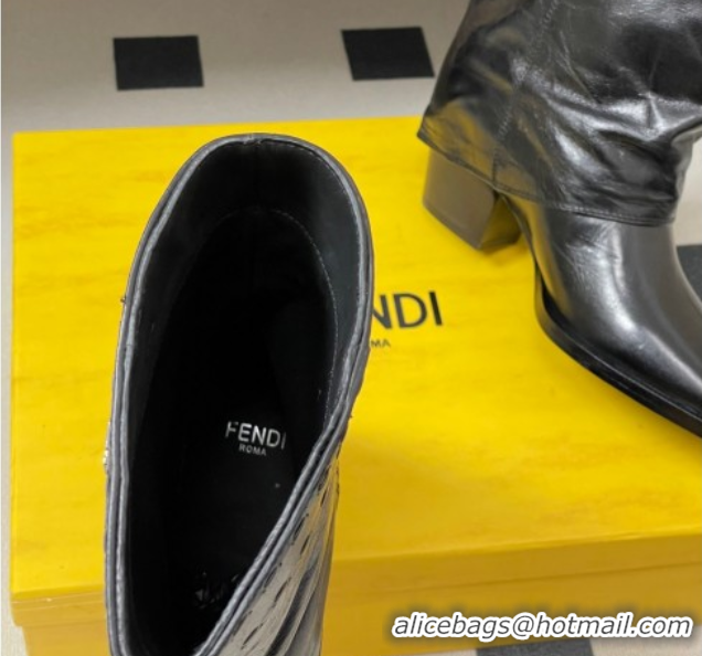 Good Quality Fendi Show Heel Ankle Boots 7cm in Crinkled Leather Black 0822114