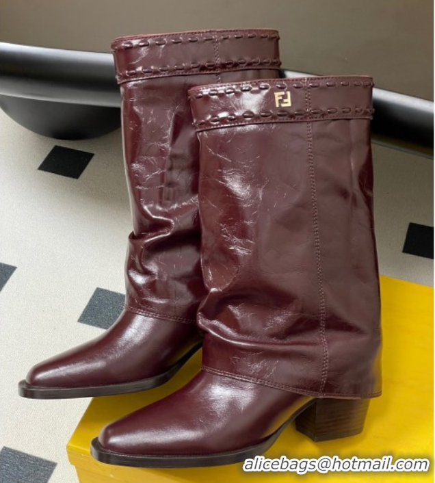 Top Grade Fendi Show Heel Ankle Boots 7cm in Crinkled Leather Burgundy 0822115