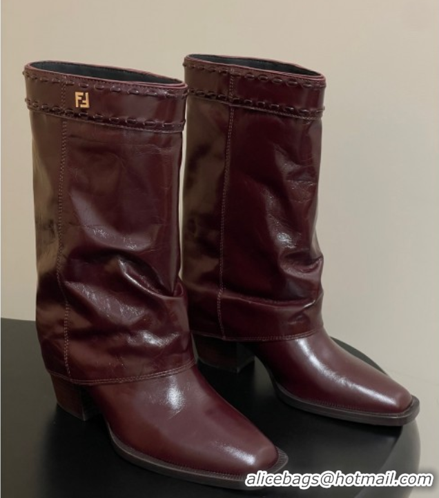 Top Grade Fendi Show Heel Ankle Boots 7cm in Crinkled Leather Burgundy 0822115