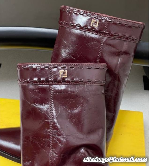 Top Grade Fendi Show Heel Ankle Boots 7cm in Crinkled Leather Burgundy 0822115