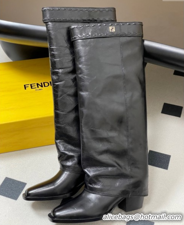 Shop Duplicate Fendi Show Heel High Boots 7cm in Crinkled Leather Black 0822118