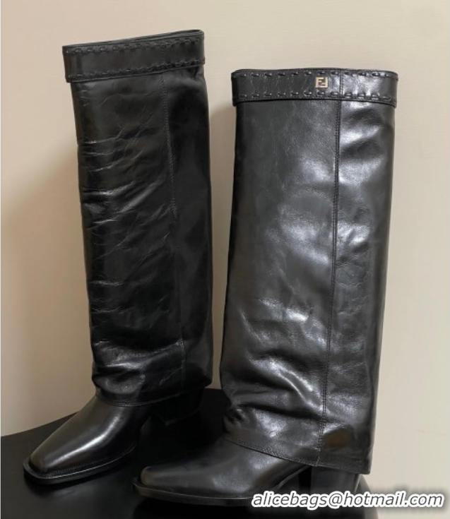 Shop Duplicate Fendi Show Heel High Boots 7cm in Crinkled Leather Black 0822118