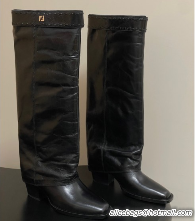 Shop Duplicate Fendi Show Heel High Boots 7cm in Crinkled Leather Black 0822118