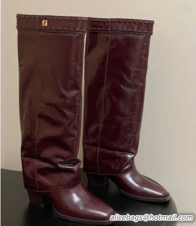 Grade Quality Fendi Show Heel High Boots 7cm in Crinkled Leather Burgundy 0822119