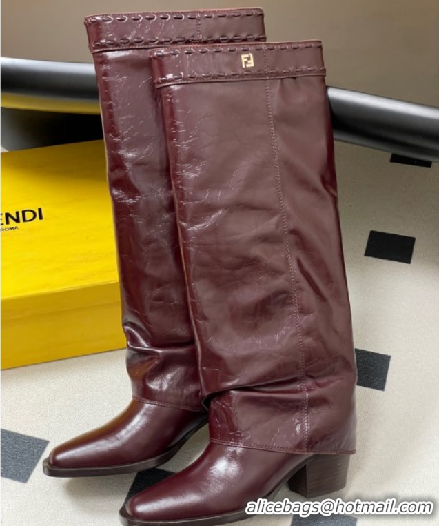 Grade Quality Fendi Show Heel High Boots 7cm in Crinkled Leather Burgundy 0822119