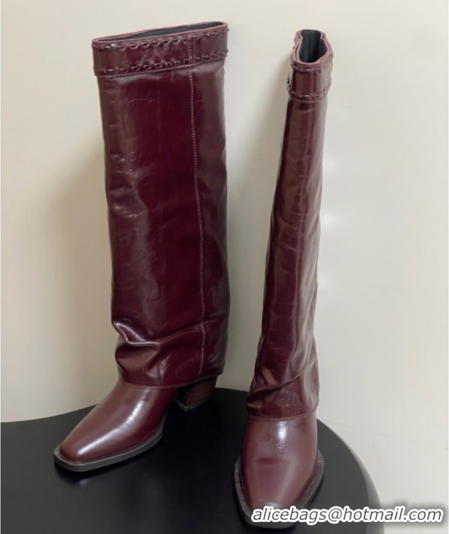 Grade Quality Fendi Show Heel High Boots 7cm in Crinkled Leather Burgundy 0822119