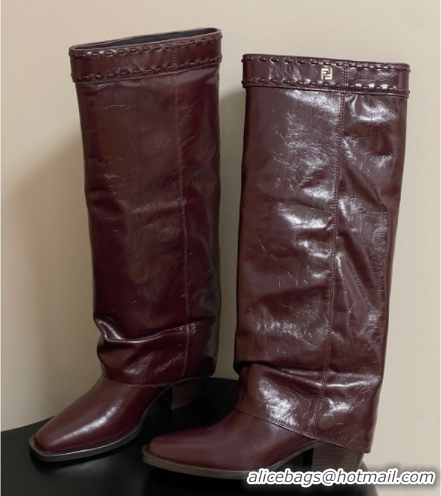Grade Quality Fendi Show Heel High Boots 7cm in Crinkled Leather Burgundy 0822119