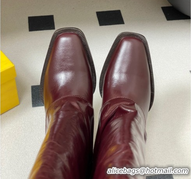 Grade Quality Fendi Show Heel High Boots 7cm in Crinkled Leather Burgundy 0822119