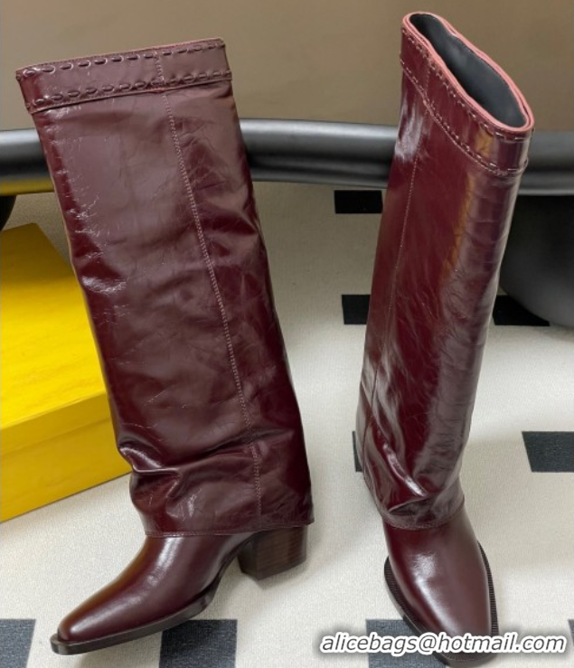 Grade Quality Fendi Show Heel High Boots 7cm in Crinkled Leather Burgundy 0822119