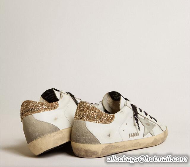 Best Quality Golden Goose Womens Leather Super-Star With Glittery Heel Tab G84123 White