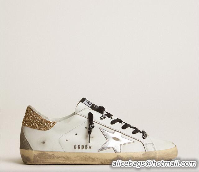 Best Quality Golden Goose Womens Leather Super-Star With Glittery Heel Tab G84123 White