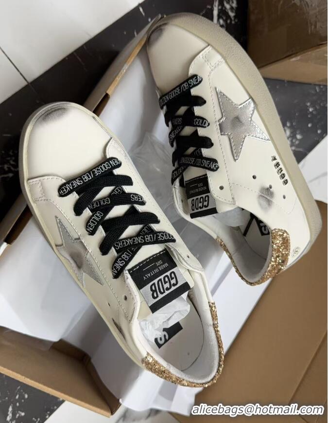 Best Quality Golden Goose Womens Leather Super-Star With Glittery Heel Tab G84123 White